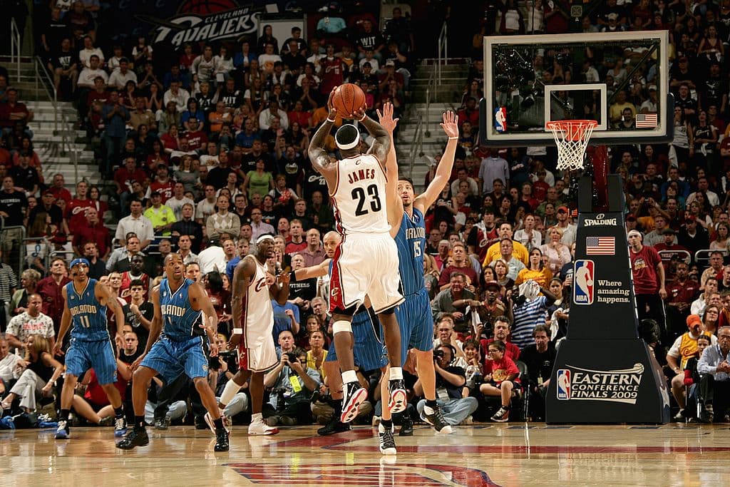 LeBron James rising for a jump shot over a defender in Game 2 of the 2009 Eastern Conference Finals