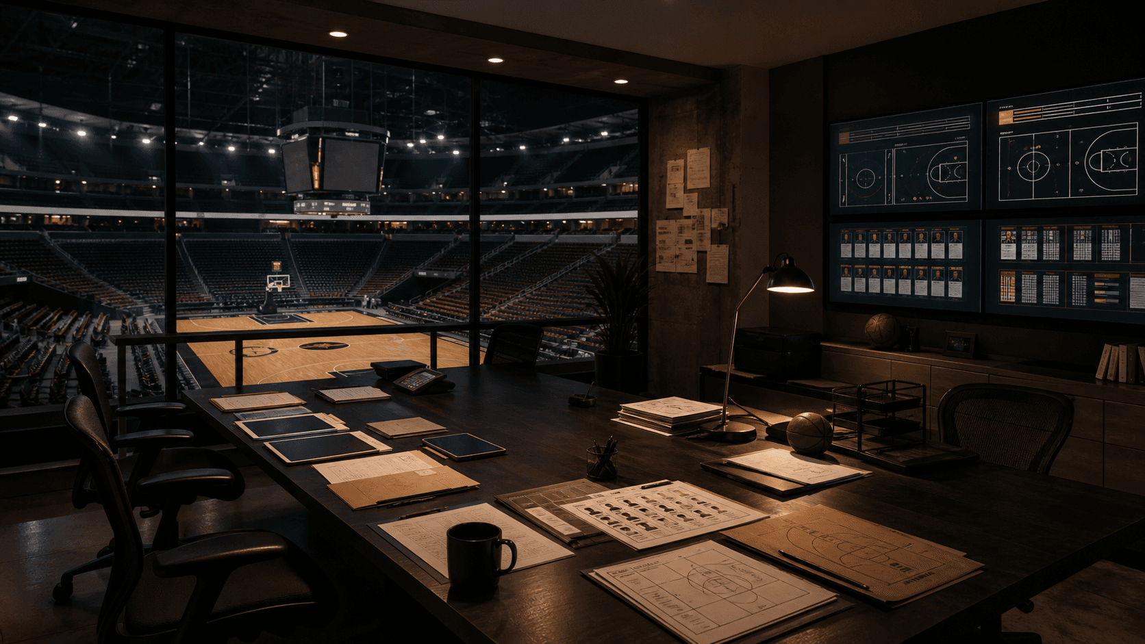 Basketball operations room overlooking an arena